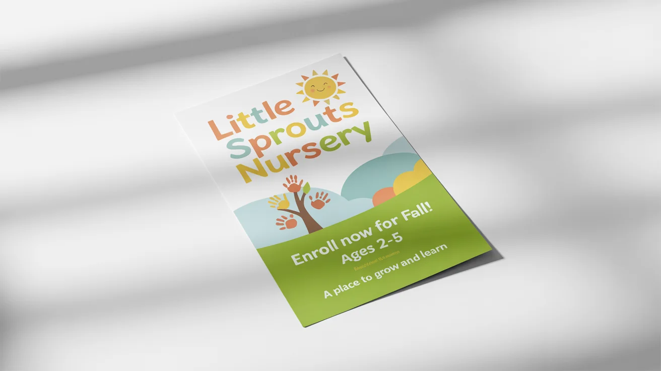 A mockup of a cheerful nursery flyer for 'Little Sprouts Nursery' on a white background, featuring cute illustrations and enrollment information.