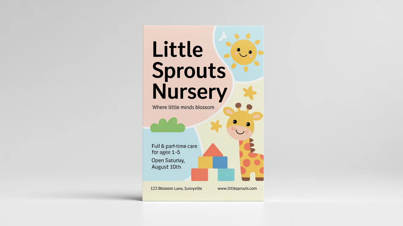 A vibrant mockup of a children's nursery flyer titled 'Little Sprouts Nursery', featuring playful cartoon illustrations and event details, set against a white background.