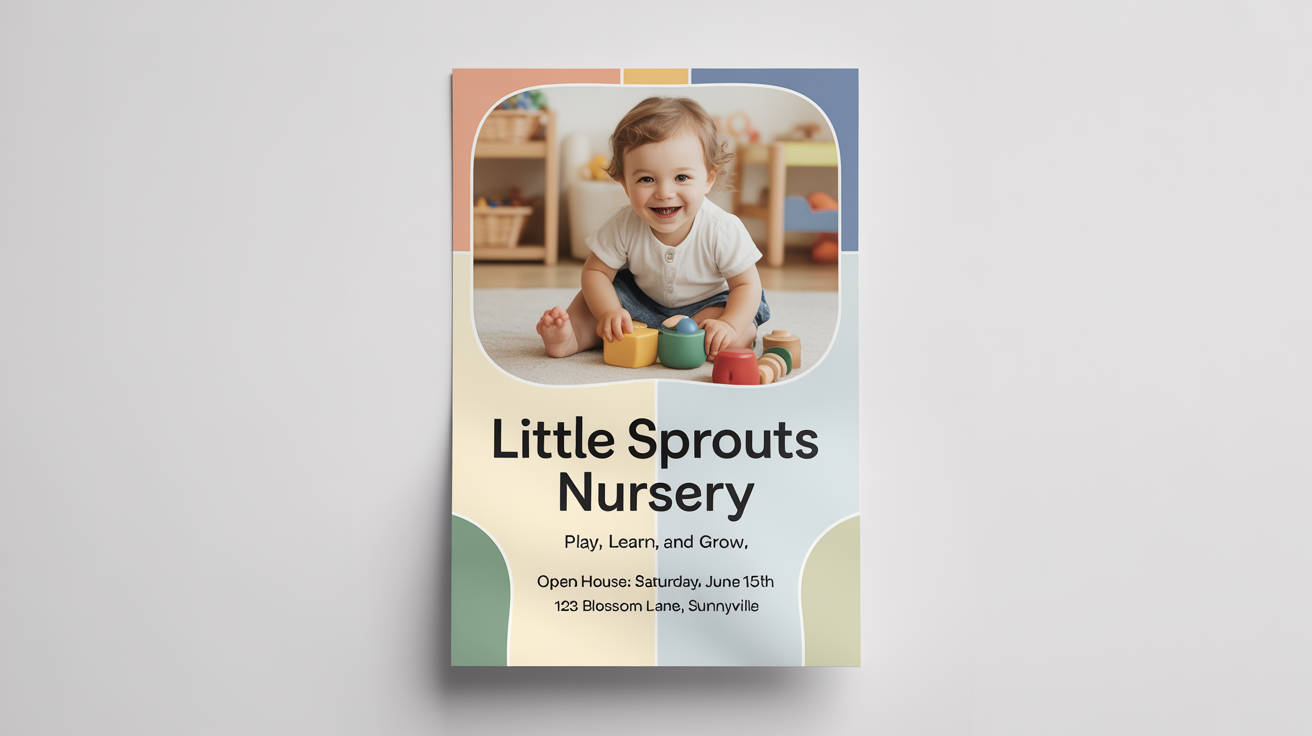 A mockup of a modern, pastel-colored nursery flyer for 'Little Sprouts Nursery'. The flyer features a photo of a happy child playing and includes text about an open house.