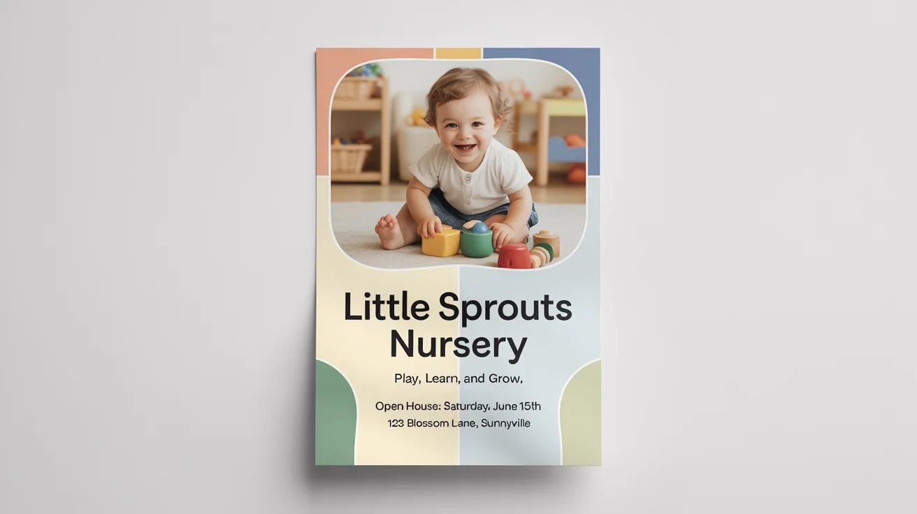 A mockup of a modern, pastel-colored nursery flyer for 'Little Sprouts Nursery'. The flyer features a photo of a happy child playing and includes text about an open house.