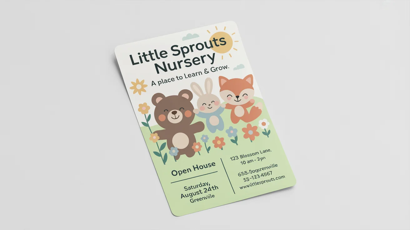 A mockup of a charming nursery flyer for 'Little Sprouts Nursery' announcing an open house, featuring cute cartoon animals and event details against a white background.
