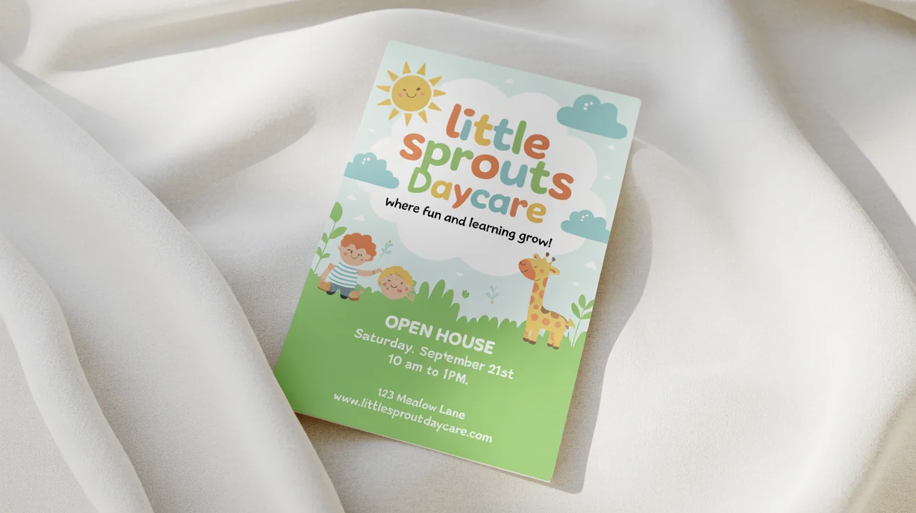 A colorful and friendly nursery flyer mockup for 'Little Sprouts Daycare', featuring cute illustrations of a sun and a giraffe, set against a plain white background.