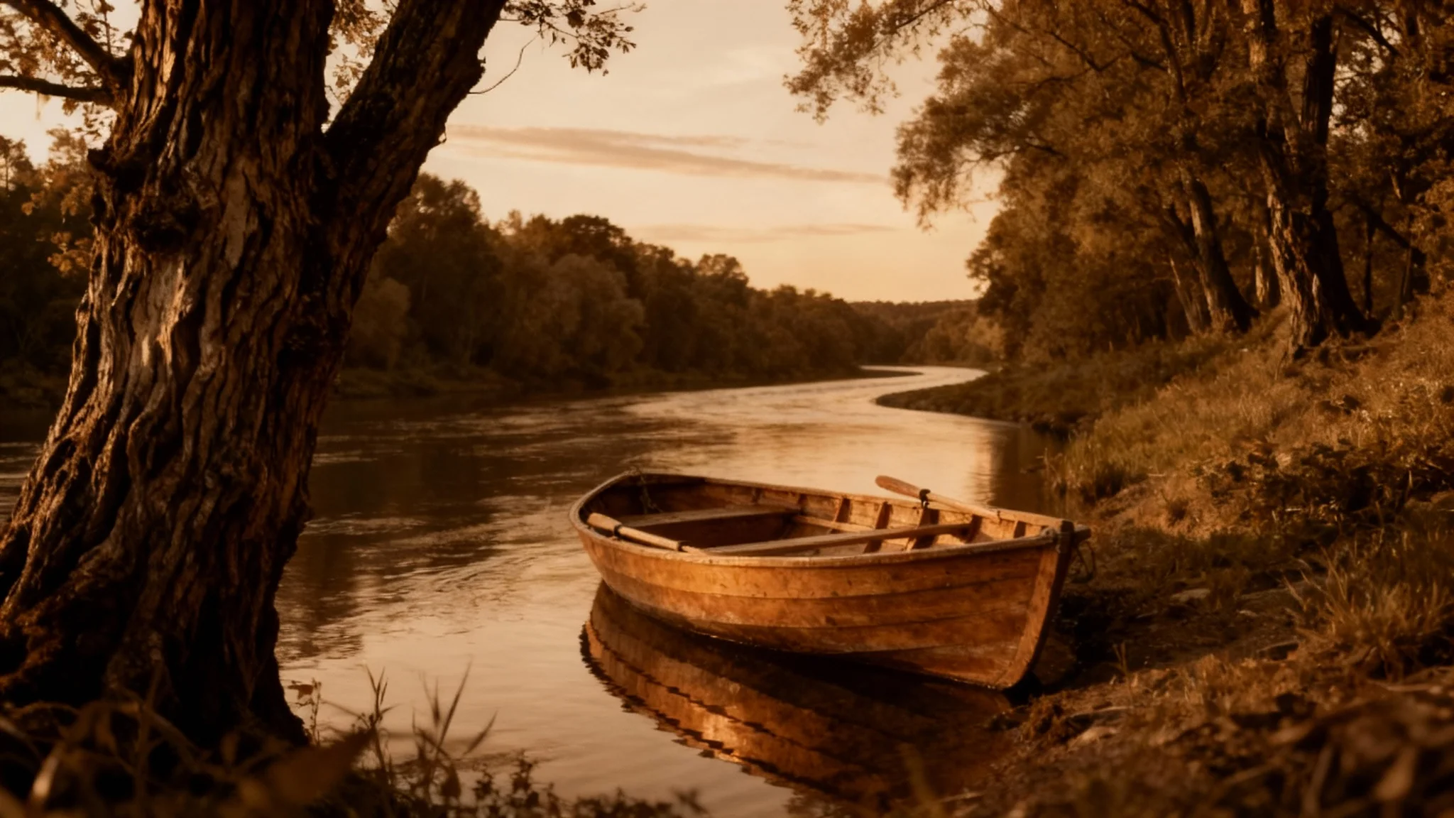 A serene landscape photograph rendered in warm sepia tones. A river winds through a forest, with a small wooden rowboat floating peacefully in the foreground, creating a timeless, vintage effect.