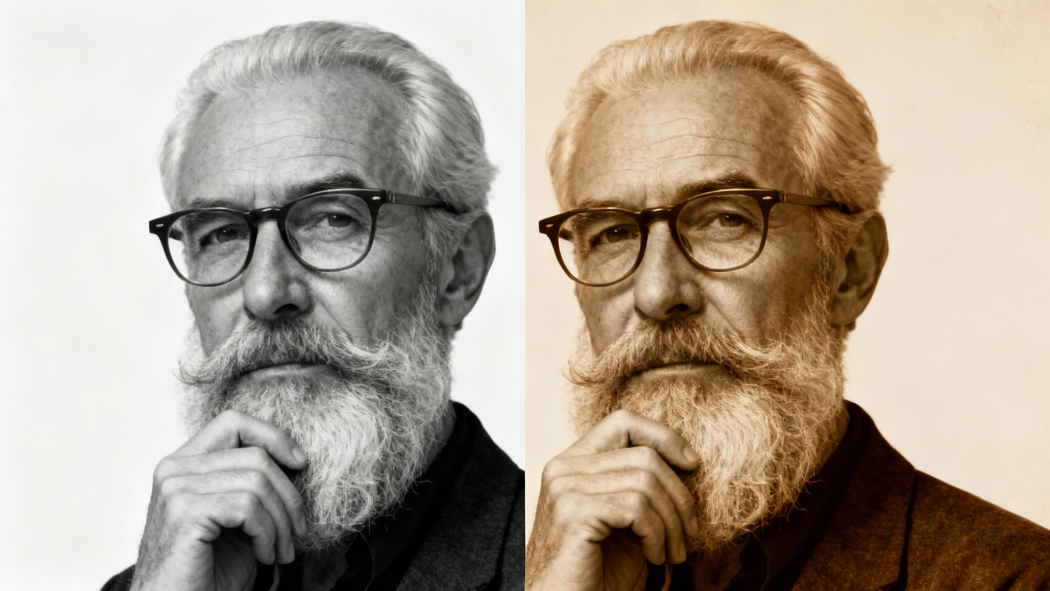A before-and-after image showing a portrait being transformed. The left side is a crisp black and white photo of a man, and the right side is the same photo with a warm sepia filter applied.