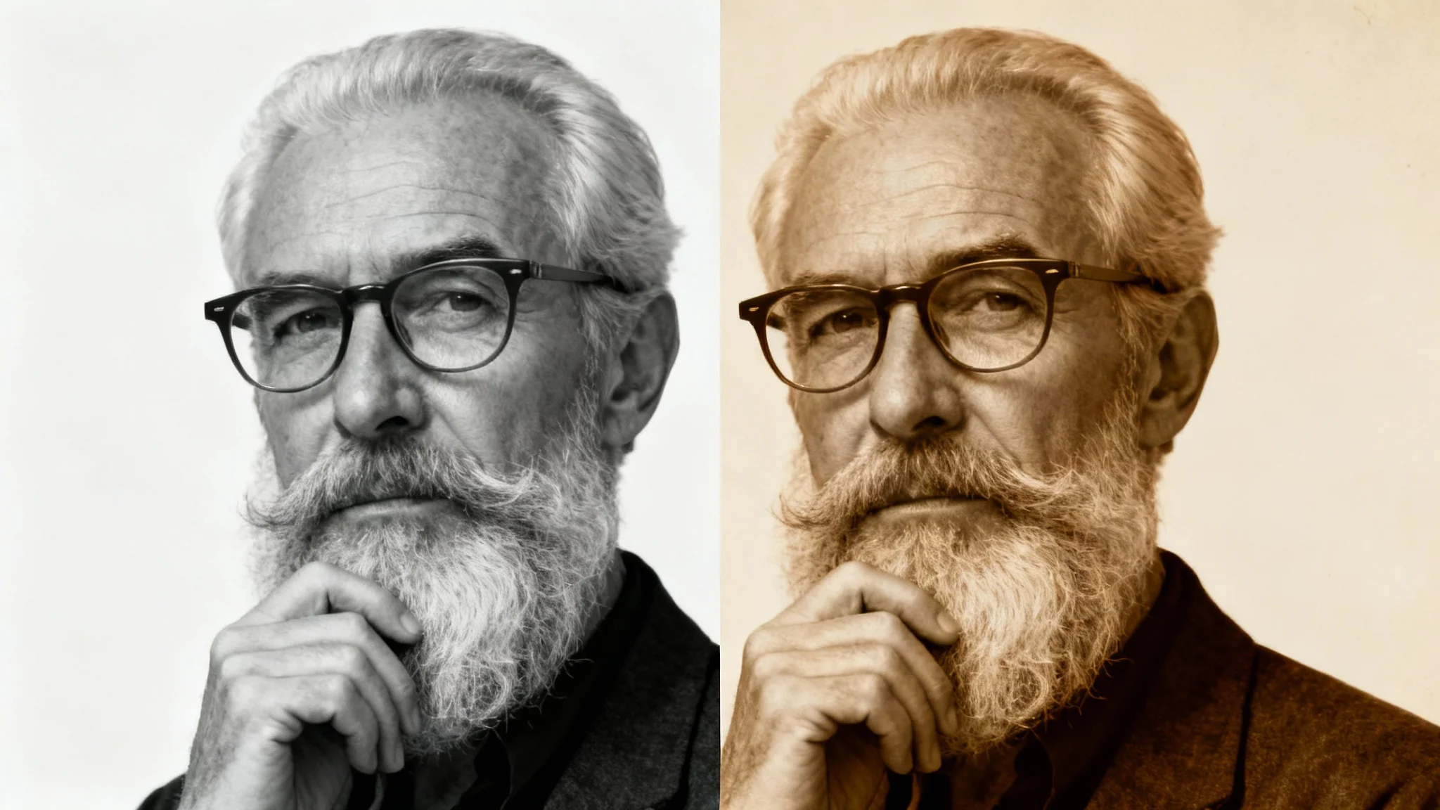 A before-and-after image showing a portrait being transformed. The left side is a crisp black and white photo of a man, and the right side is the same photo with a warm sepia filter applied.