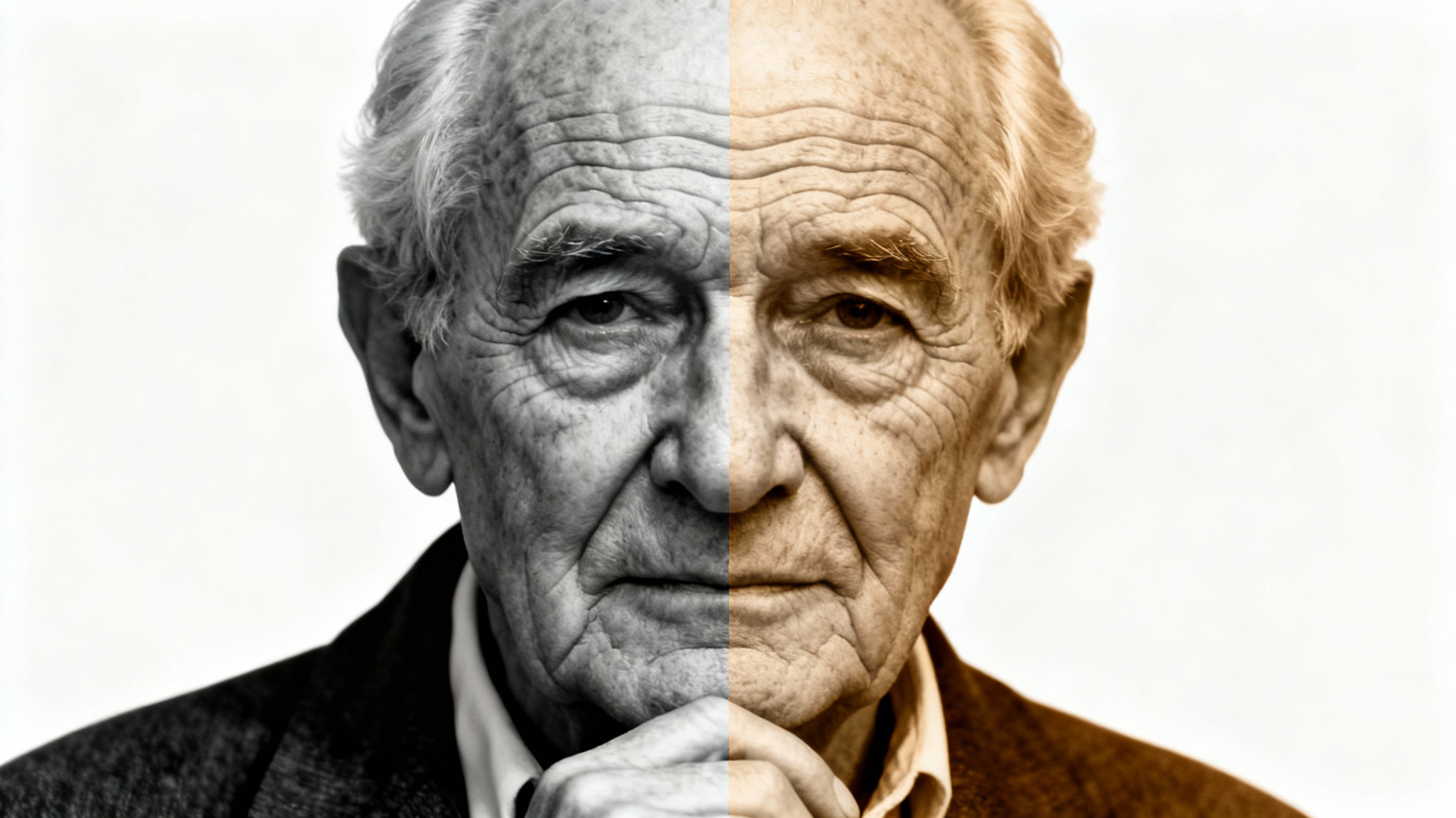 A split-screen image showing a portrait of an elderly man. The left half is in high-contrast black and white, and the right half is in a warm sepia tone, illustrating a photo editing effect.
