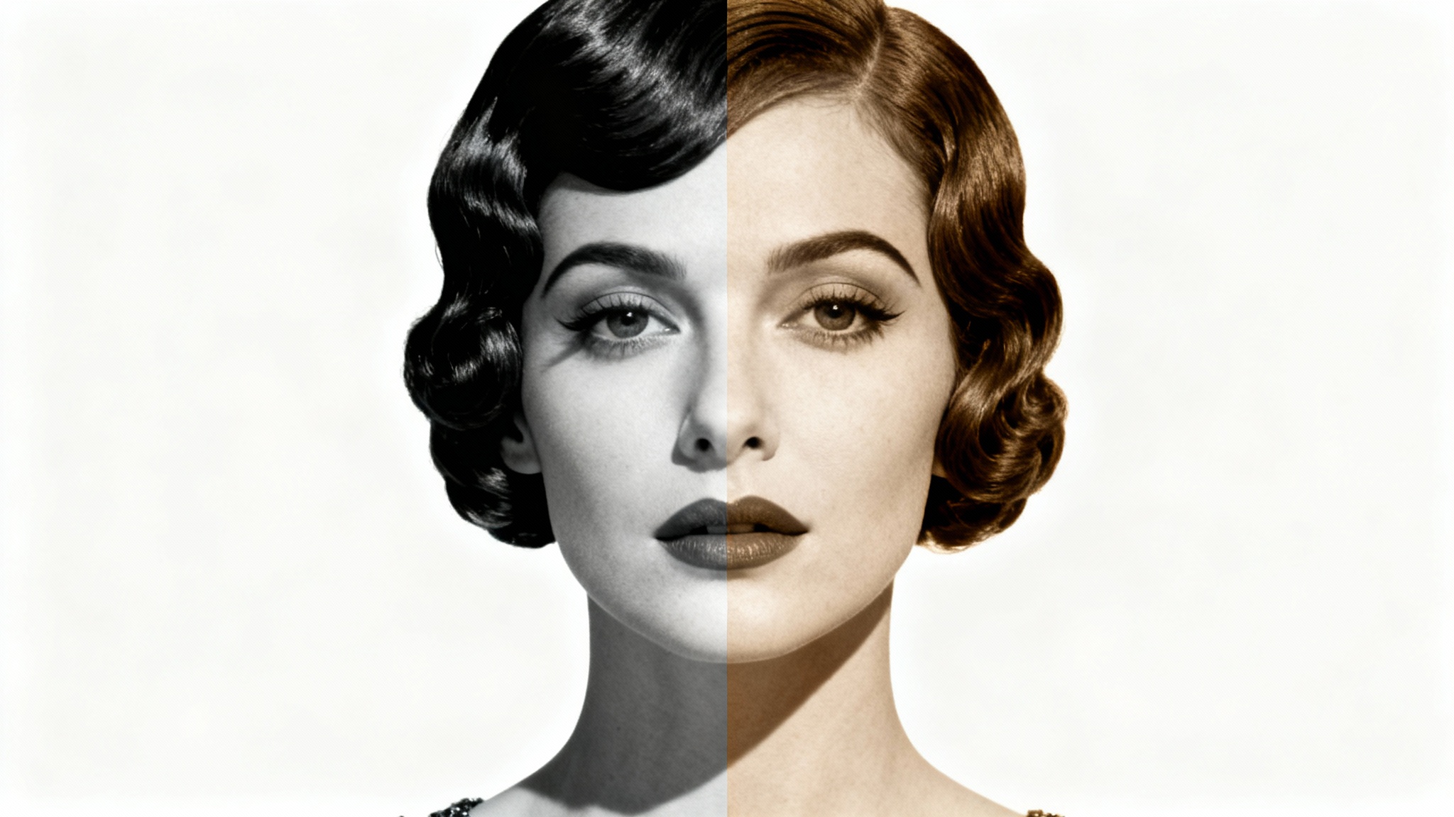 A split-image portrait of a woman in a vintage style. The left side of the image is black and white, while the right side is tinted with a warm sepia tone, showcasing a photo colorization effect.