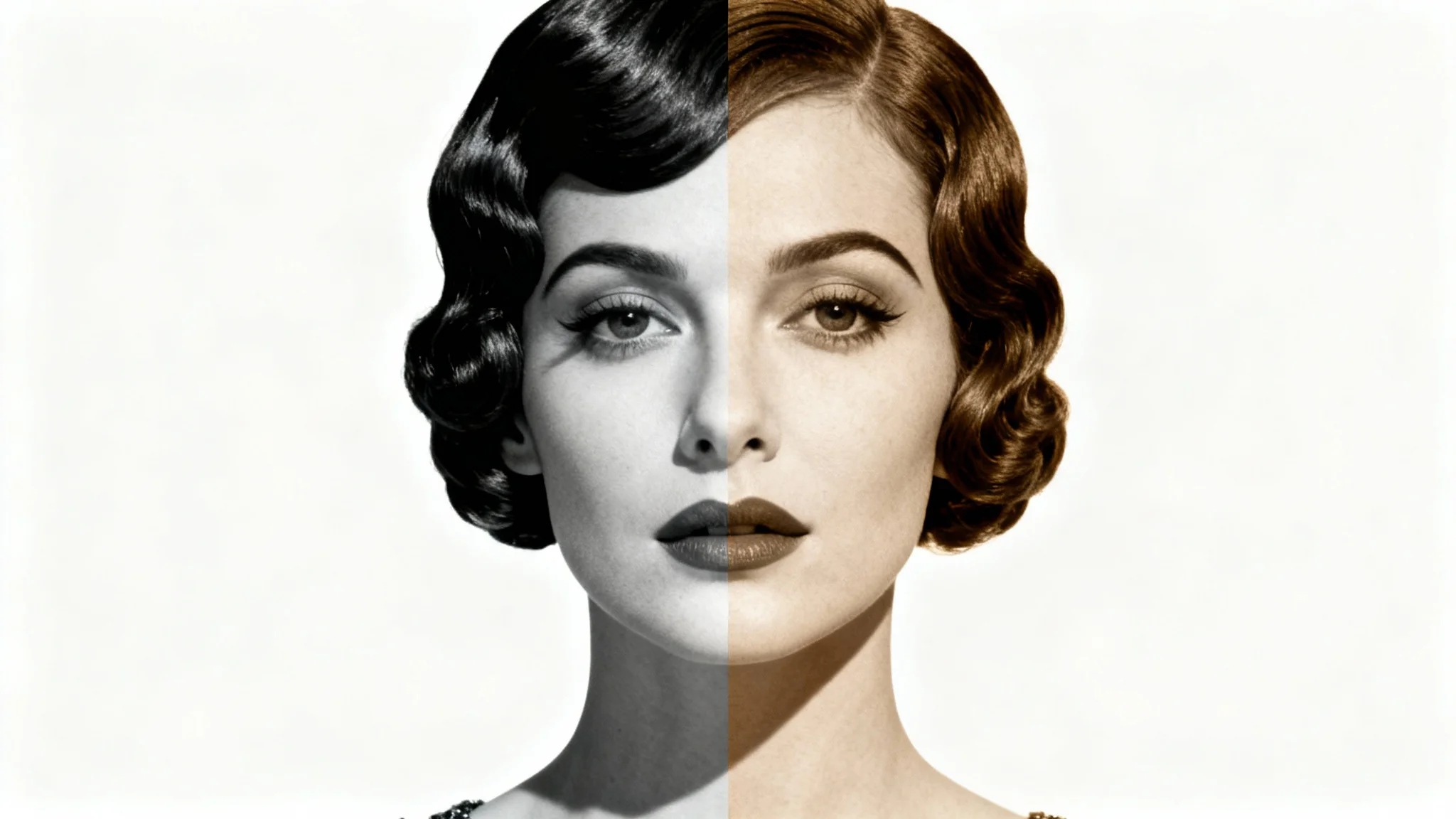 A split-image portrait of a woman in a vintage style. The left side of the image is black and white, while the right side is tinted with a warm sepia tone, showcasing a photo colorization effect.