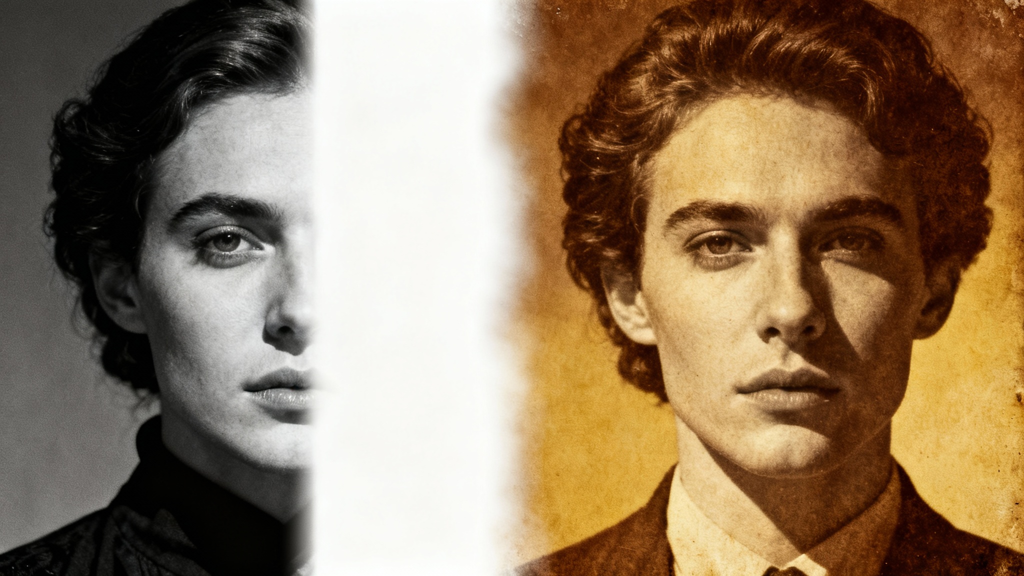 A portrait photo of a person that is split down the middle. The left half is in crisp black and white, while the right half is in a warm, vintage sepia tone, demonstrating a color transformation effect.