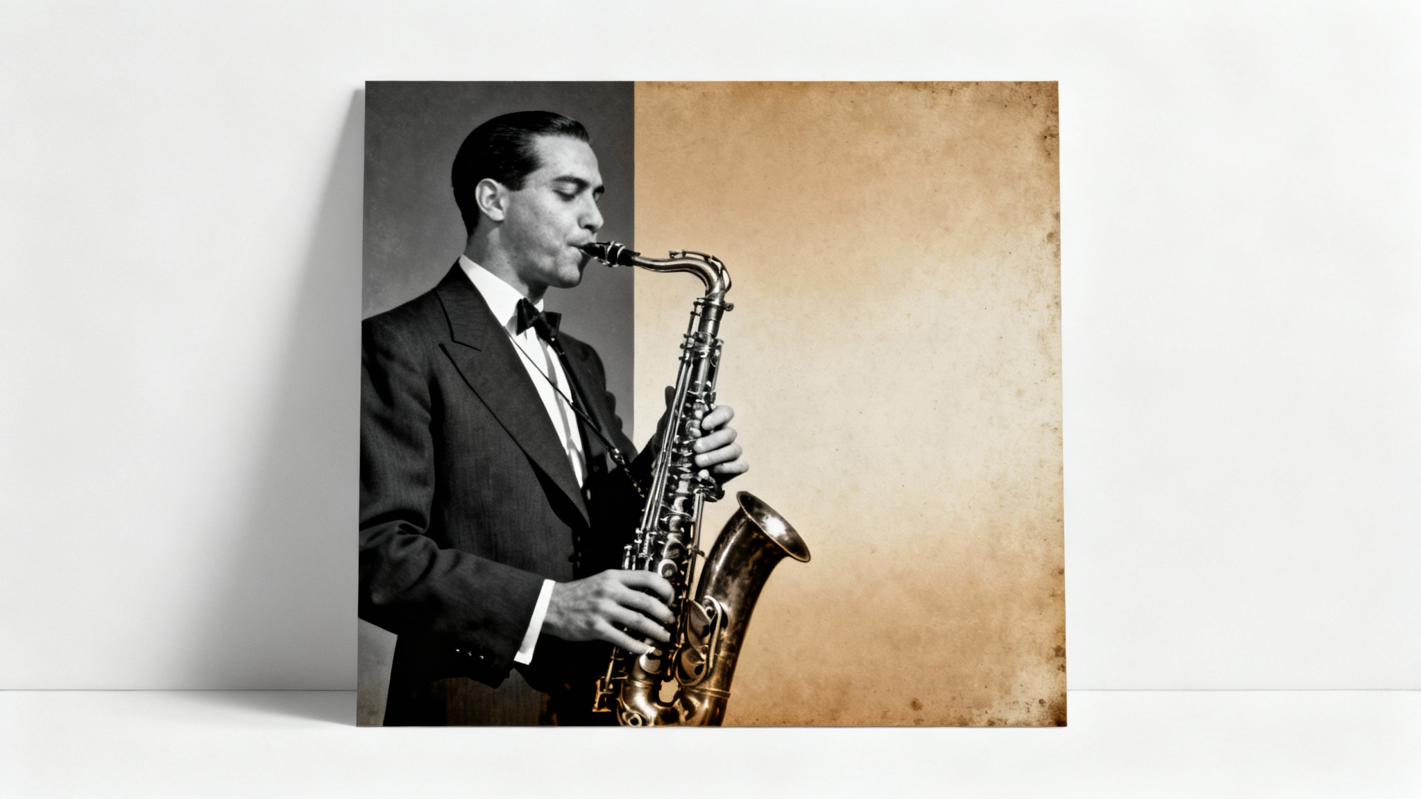 A photograph of a 1920s jazz musician, split down the middle to show a black and white to sepia photo editing effect. The left side is monochrome, and the right side is a warm sepia tone.