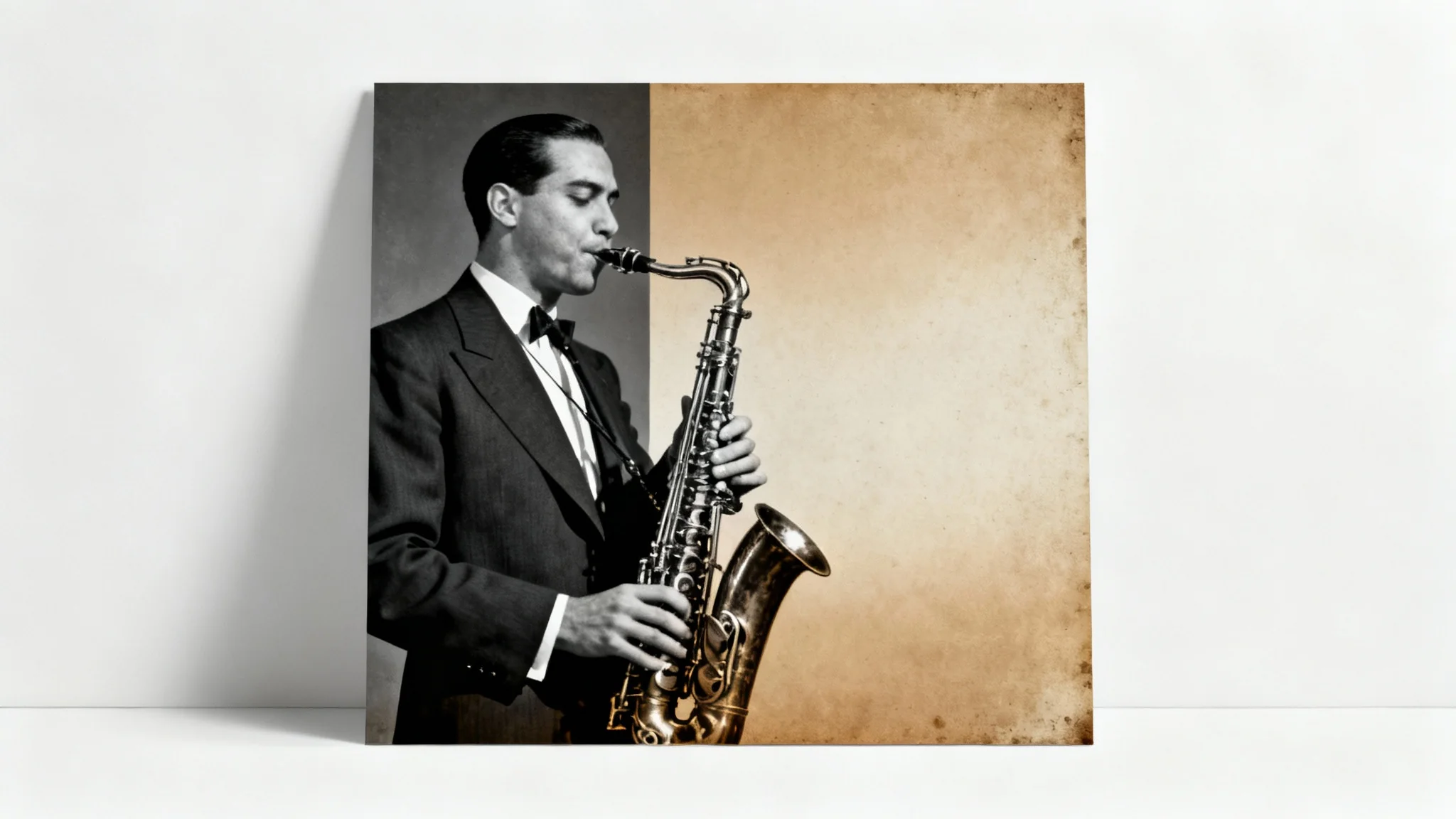 A photograph of a 1920s jazz musician, split down the middle to show a black and white to sepia photo editing effect. The left side is monochrome, and the right side is a warm sepia tone.