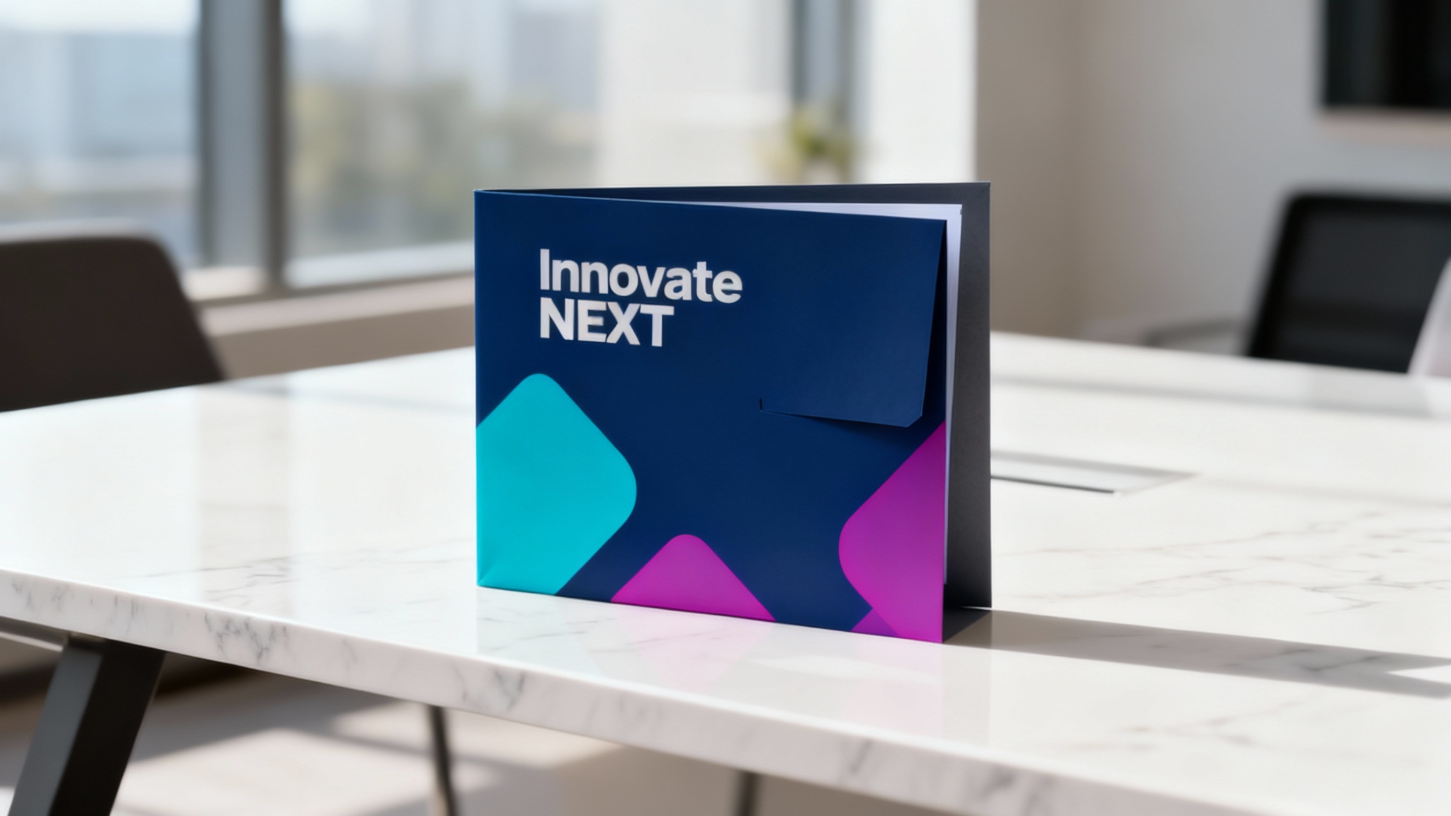 A photorealistic mockup of a professionally designed presentation folder for a tech company named 'Innovate NEXT', resting on a marble desk in a modern office.