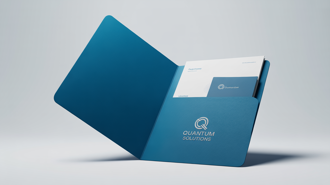 A realistic mockup of a professional, corporate blue pocket folder with the brand name 'Quantum Solutions' embossed on the front, displayed slightly open on a clean white background.
