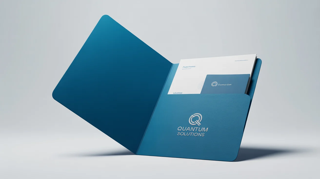 A realistic mockup of a professional, corporate blue pocket folder with the brand name 'Quantum Solutions' embossed on the front, displayed slightly open on a clean white background.