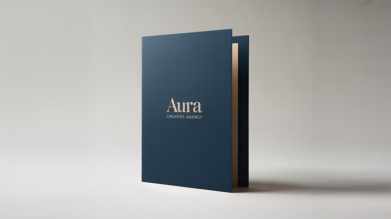 A realistic mockup of a dark navy blue presentation folder with the brand name 'AURA Creative Agency' in gold foil, standing on a clean white background.