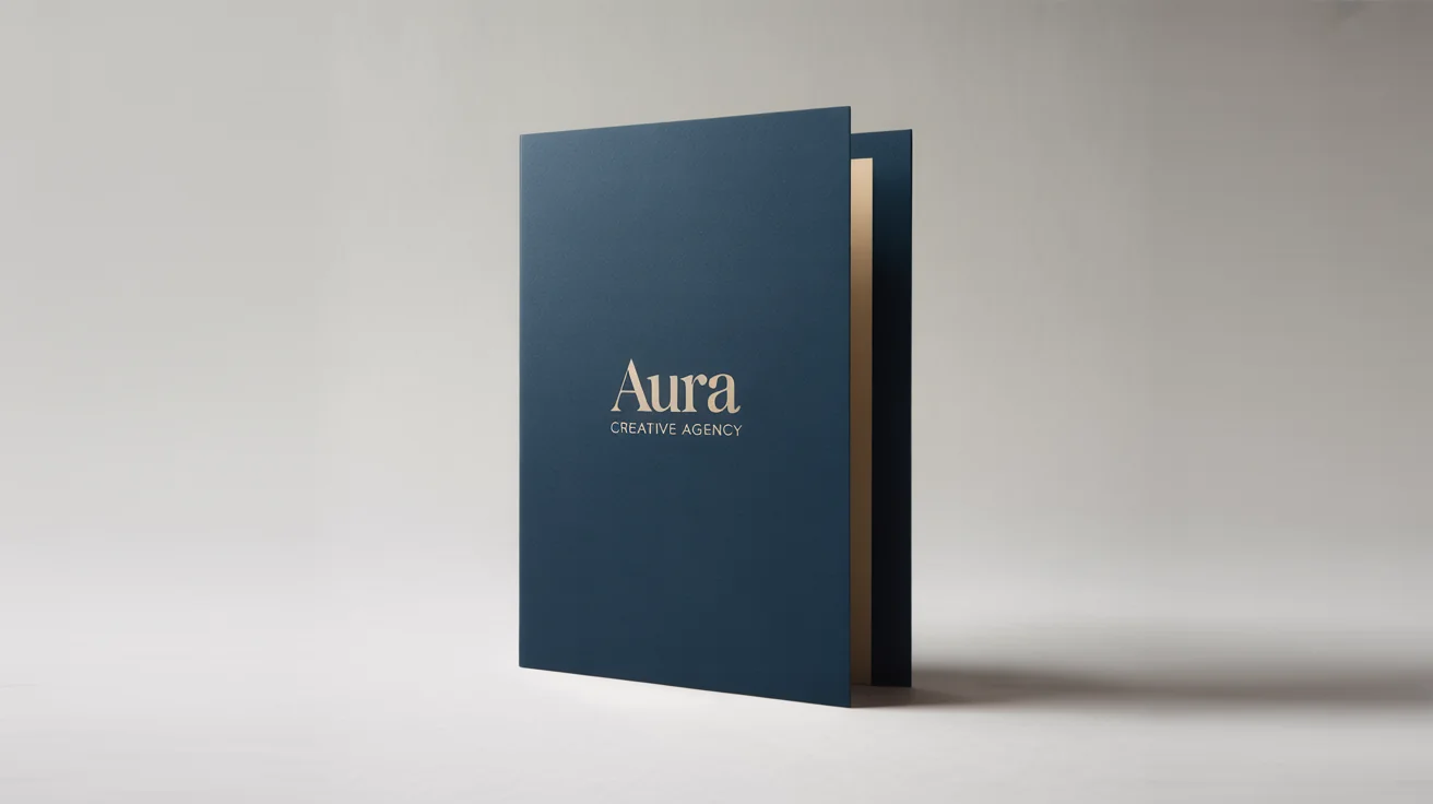 A realistic mockup of a dark navy blue presentation folder with the brand name 'AURA Creative Agency' in gold foil, standing on a clean white background.