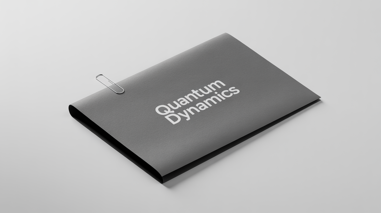 A photorealistic mockup of a professional dark gray presentation folder with the name 'Quantum Dynamics' printed in white, set against a clean white background.
