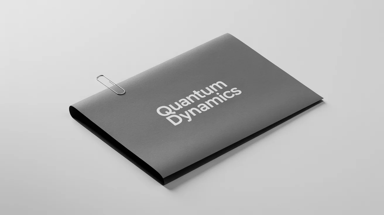 A photorealistic mockup of a professional dark gray presentation folder with the name 'Quantum Dynamics' printed in white, set against a clean white background.