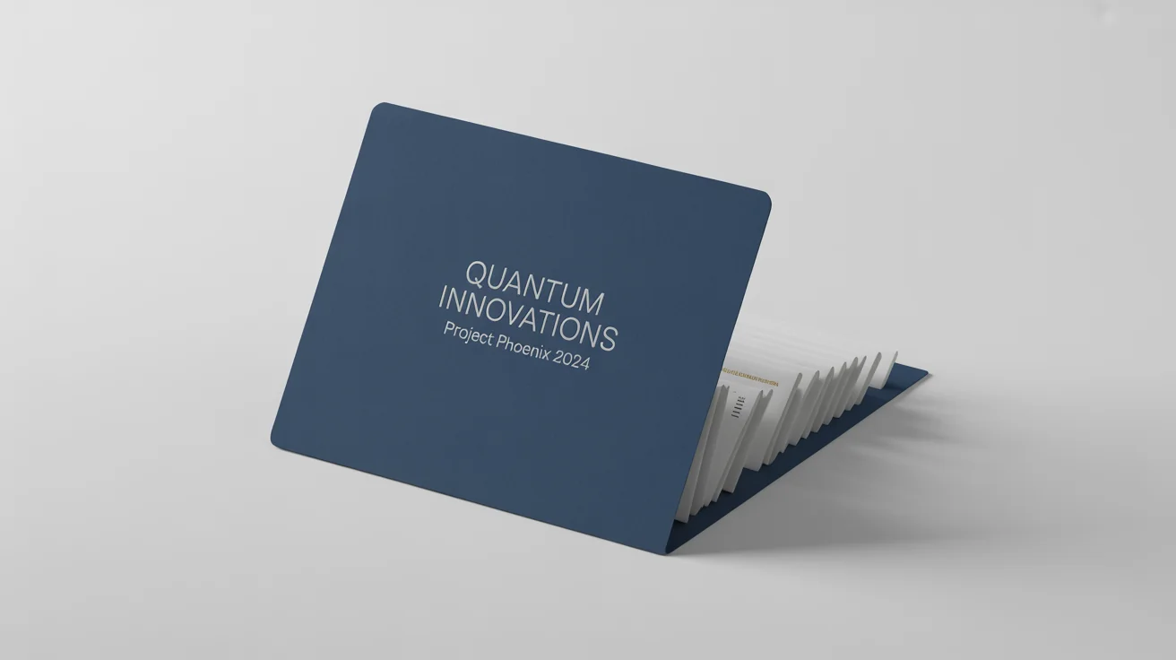 A photorealistic mockup of a navy blue business presentation folder with silver text reading 'Quantum Innovations' and 'Project Phoenix 2024', set against a plain white background.