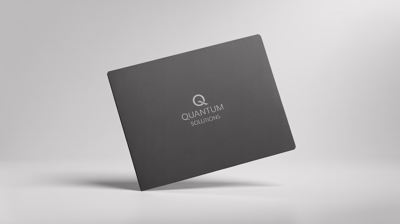 A realistic mockup of a charcoal gray business folder with 'Quantum Solutions' printed in silver foil, sitting on a clean white background.