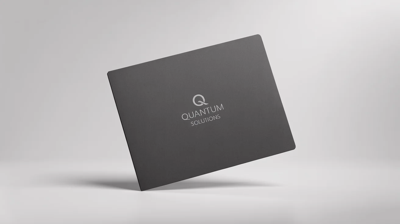 A realistic mockup of a charcoal gray business folder with 'Quantum Solutions' printed in silver foil, sitting on a clean white background.