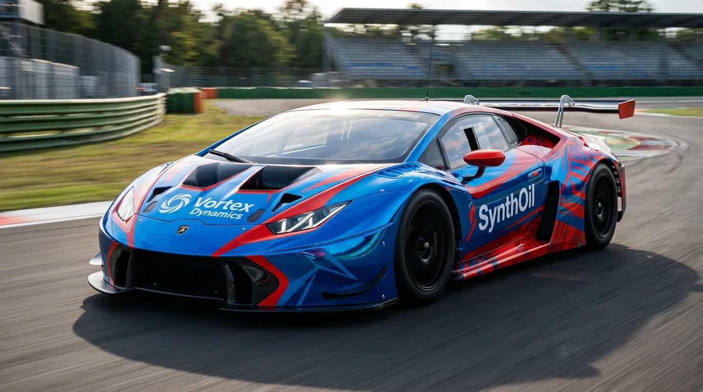 A sleek race car with a custom red and blue geometric wrap design, featuring fictional sponsor logos, speeds around a racetrack, captured in a dynamic, professional photograph.