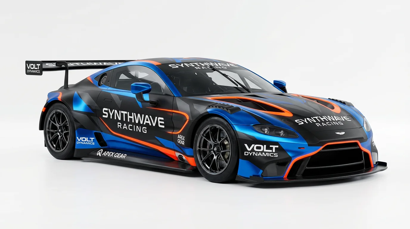A photorealistic mockup of a GT race car with a custom vinyl wrap, presented in a studio with a white background. The dynamic wrap features electric blue and orange geometric graphics over a matte black base.