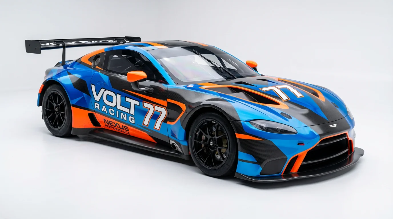 A photorealistic studio shot of a modern race car with a vibrant blue, orange, and black custom wrap, set against a plain white background.