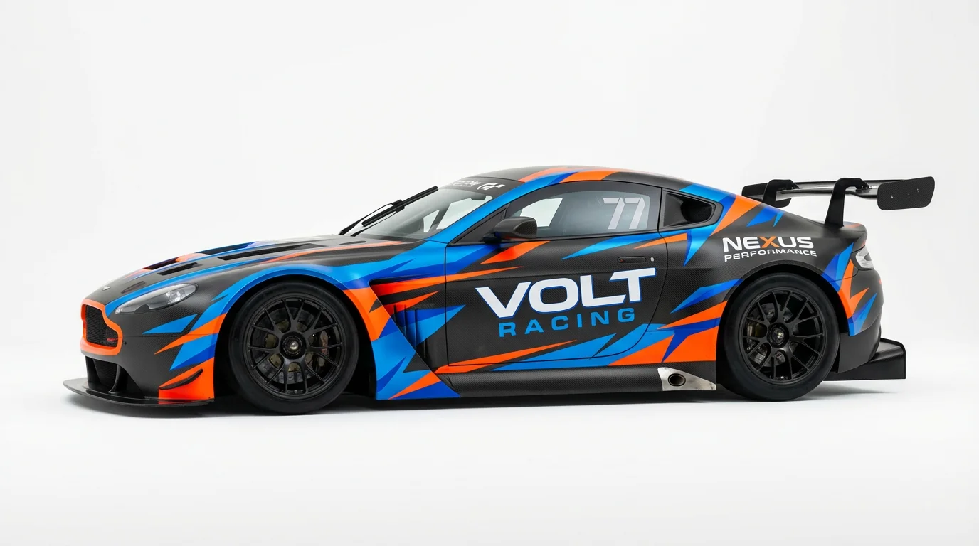 A modern race car with a custom wrap design featuring blue, orange, and black geometric patterns and the fictional brand 'VOLT RACING', showcased against a white background.