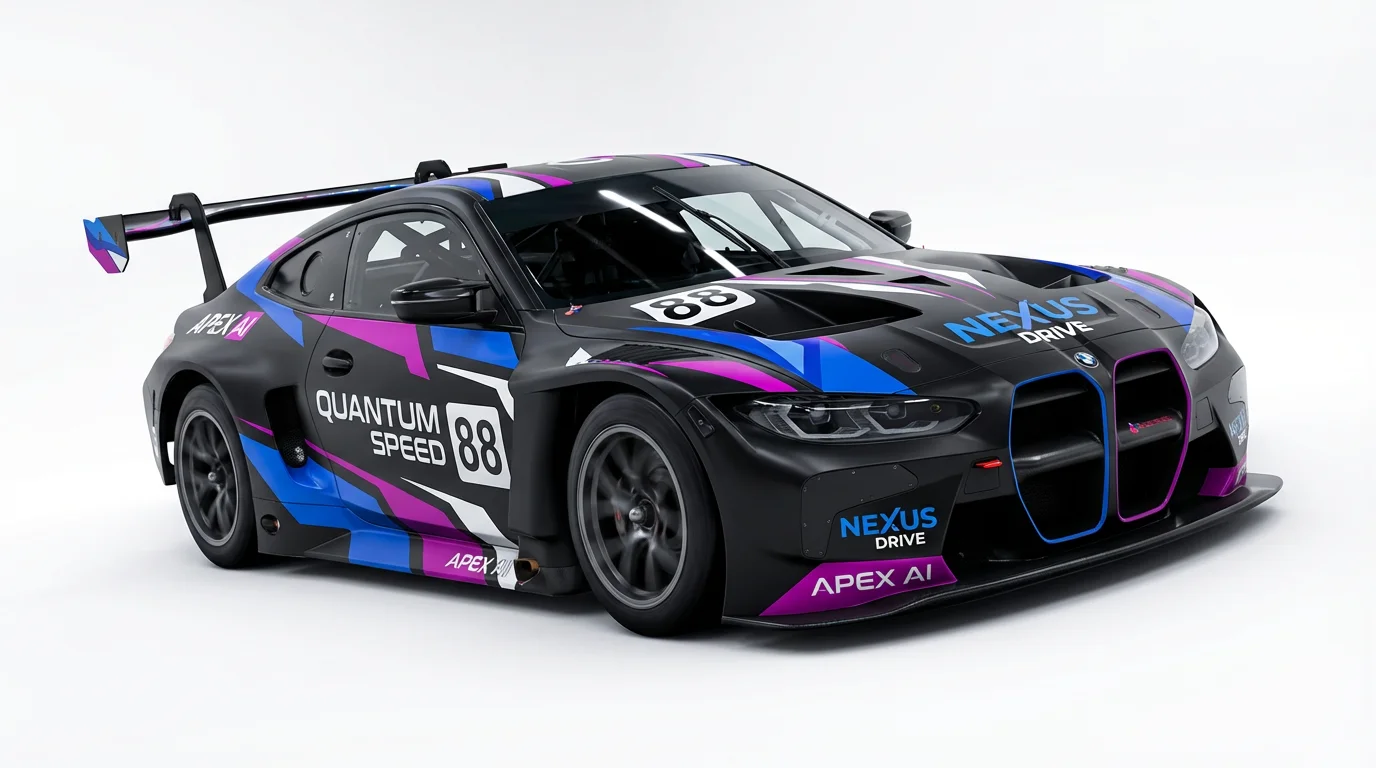 A modern race car with a custom matte black, electric blue, and magenta geometric wrap, featuring the number 88 and fictional sponsor logos, shot in a professional studio with a white background.