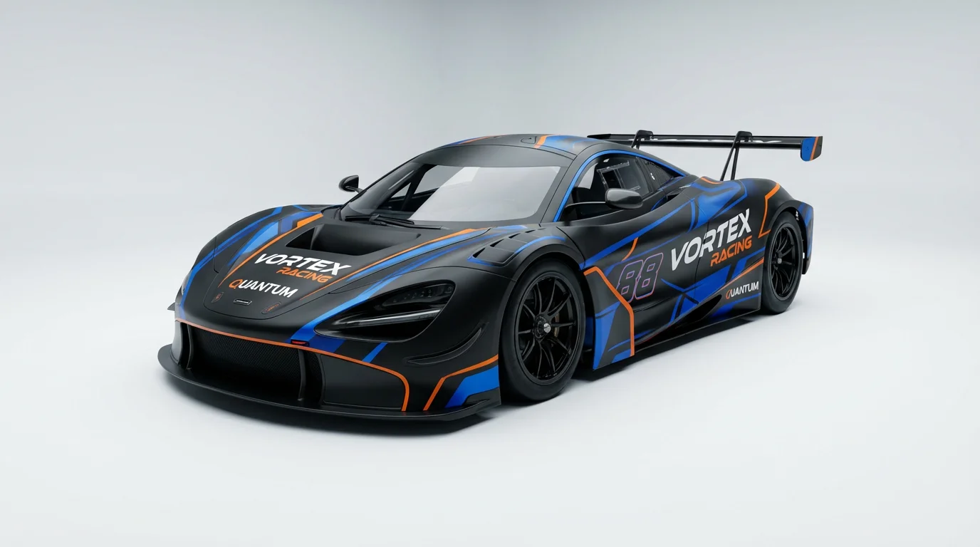 A modern race car with a custom black, blue, and orange geometric wrap, featuring fictional sponsor logos, showcased in a professional white studio environment.