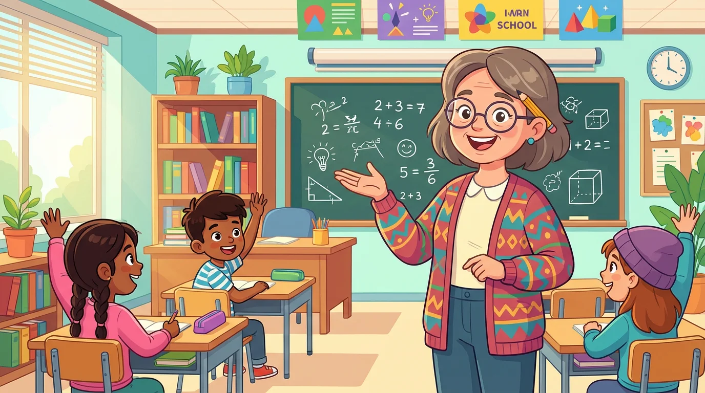 A polished cartoon illustration of a cheerful female teacher in a colorful classroom, gesturing towards a chalkboard as her diverse students eagerly raise their hands.