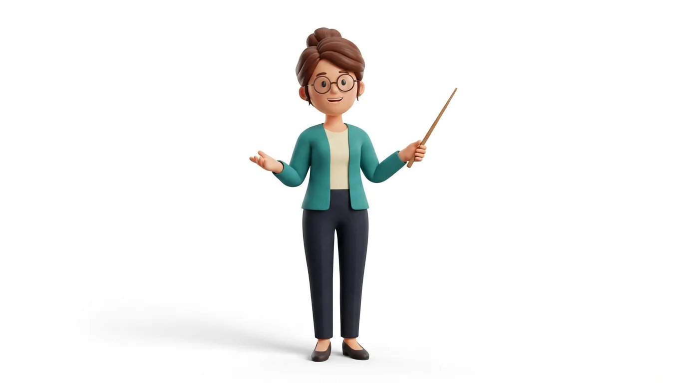 A 3D cartoon character of a female teacher with glasses and a pointer stick, smiling in a friendly and professional manner against a white background.