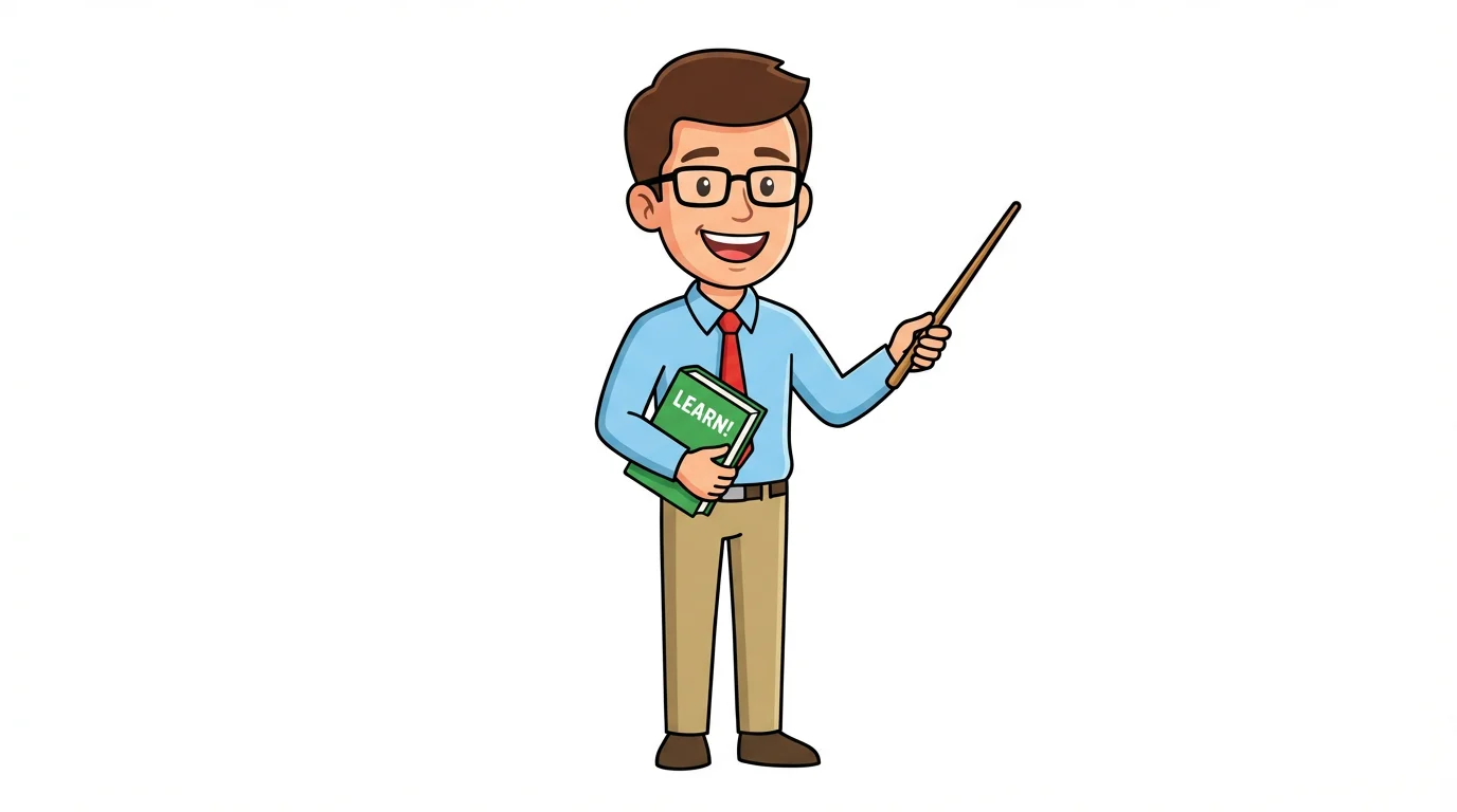 A 2D cartoon illustration of a friendly male teacher wearing glasses and a tie, holding a book and a pointer stick against a white background.