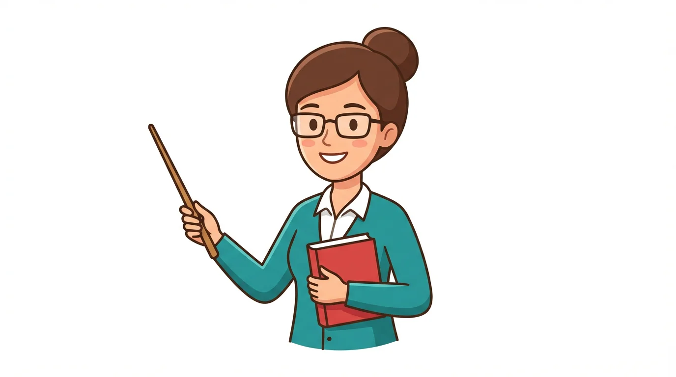 A 2D vector illustration of a friendly female cartoon teacher with glasses and a bun, holding a book and a pointer against a white background.