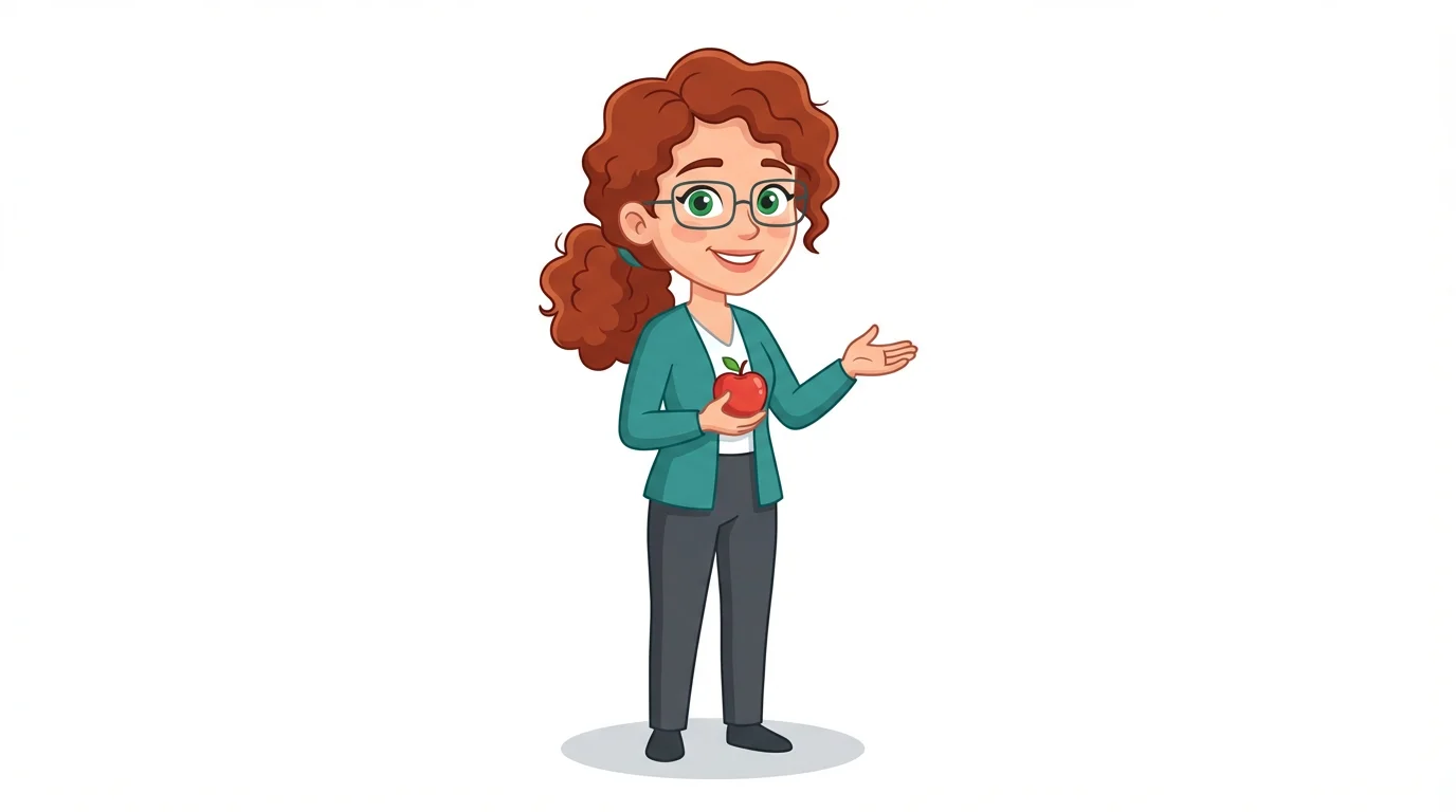 A full-body 2D cartoon illustration of a friendly female teacher with glasses and curly hair, holding an apple and smiling warmly against a white background.