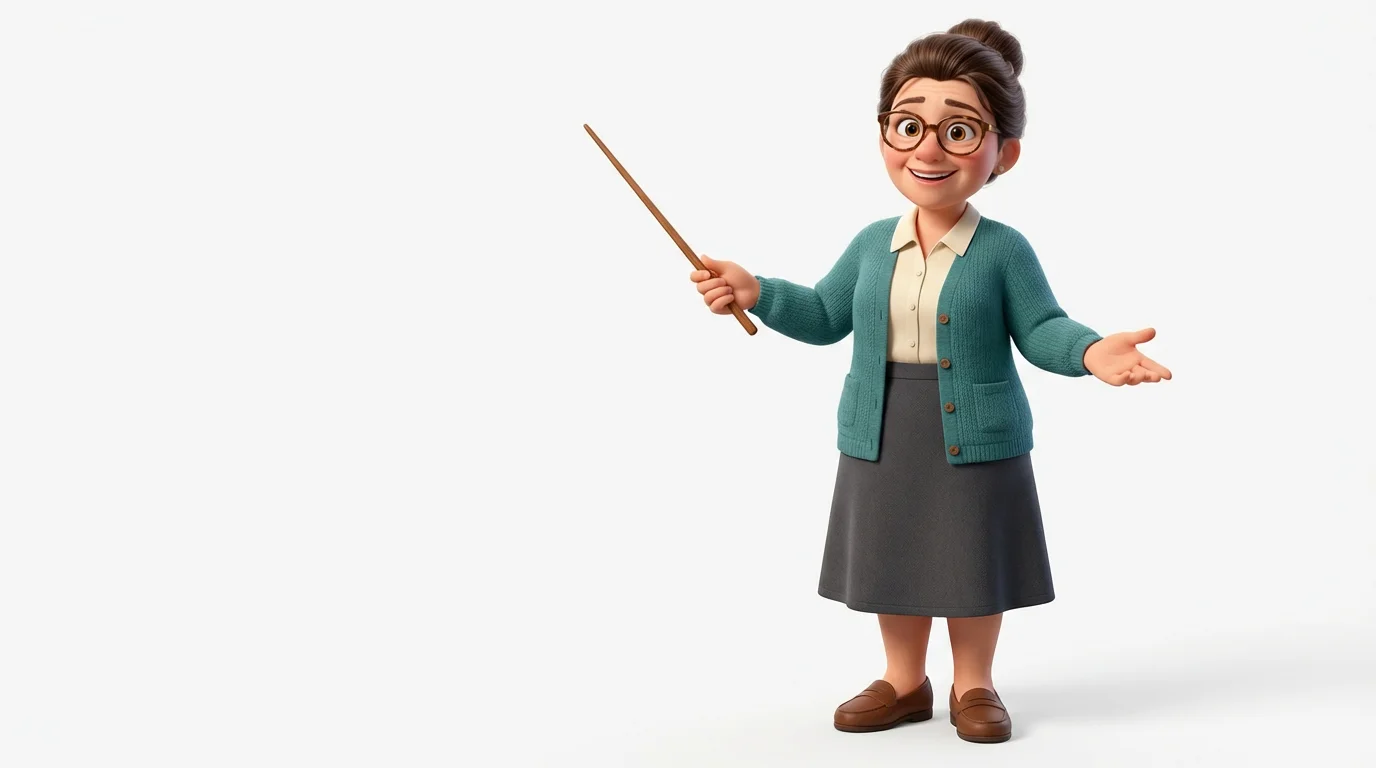 A 3D cartoon character of a friendly female teacher with glasses and a pointer, smiling against a white background.