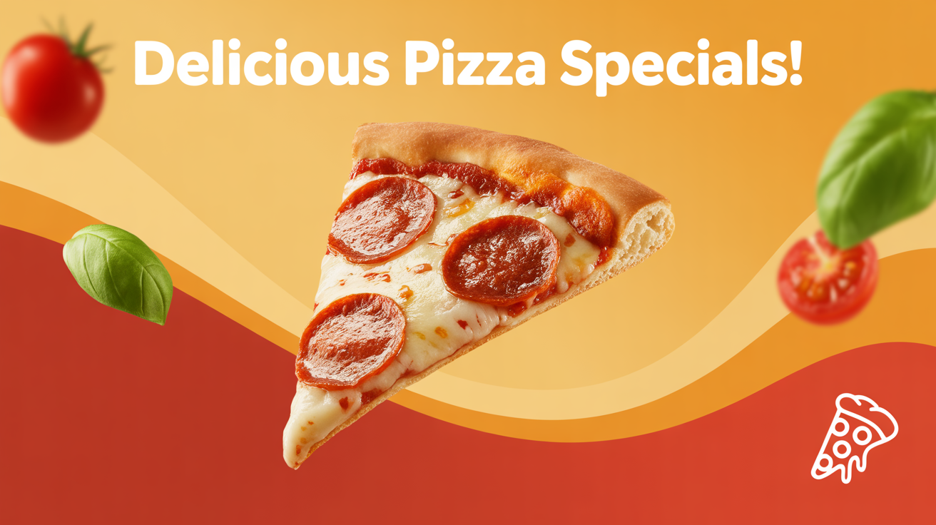 A professionally designed food banner for a pizza special, featuring a large slice of pepperoni pizza on a red and yellow gradient background with the text 'Delicious Pizza Specials!'.