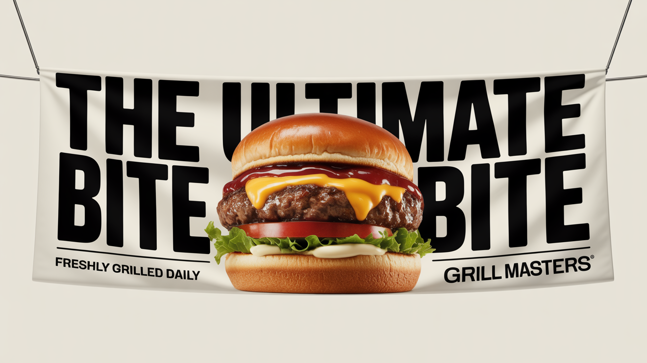 A mockup of a food banner advertising 'THE ULTIMATE BITE' from 'GRILL MASTERS', featuring a large, delicious-looking cheeseburger on a clean white background.