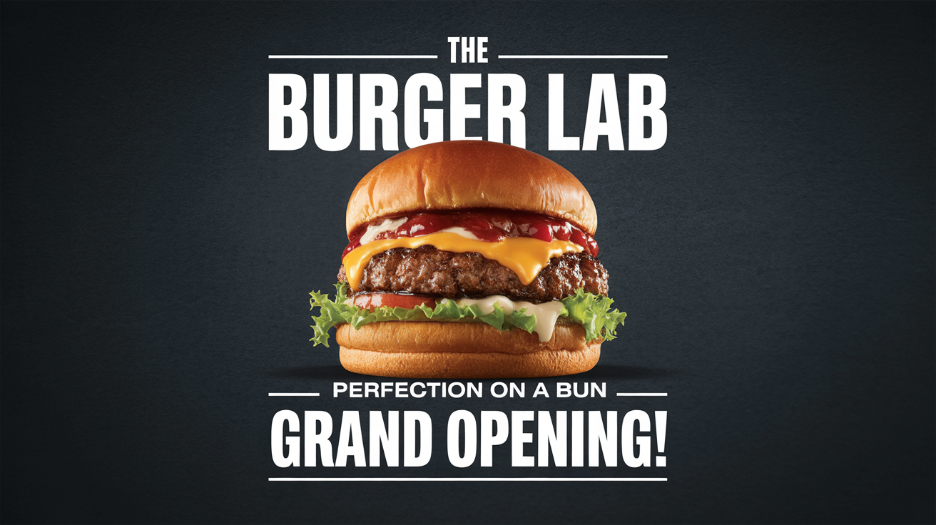A modern food banner for 'THE BURGER LAB' featuring a large, gourmet cheeseburger against a dark background, with text advertising a grand opening.