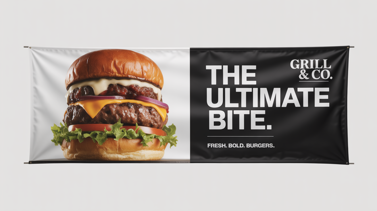 A mockup of a horizontal food banner against a white background. The banner features a large, juicy burger on the left and text on the right that reads 'THE ULTIMATE BITE, GRILL & CO., FRESH. BOLD. BURGERS.'