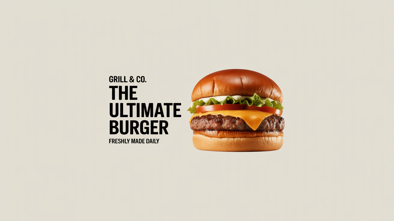 A vibrant food banner for 'GRILL & CO.' featuring a large, juicy cheeseburger and the text 'THE ULTIMATE BURGER' and 'FRESHLY MADE DAILY' on a white background.