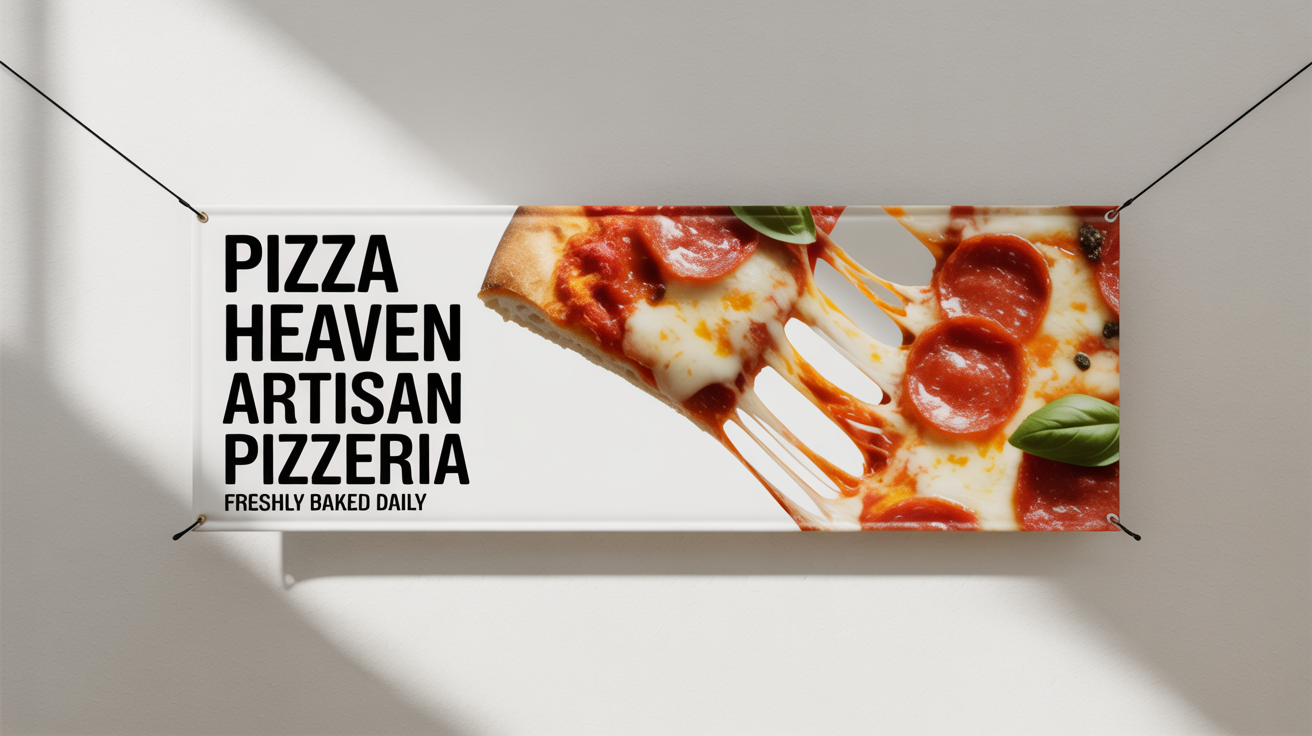 A horizontal food banner for 'Pizza Heaven' pizzeria, showing a delicious slice of pepperoni pizza with a cheese pull, and the text 'Artisan Pizzeria' and 'Freshly Baked Daily' against a white background.