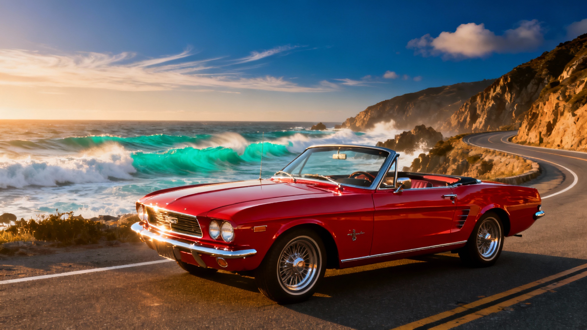 A high-resolution wallpaper of a classic red convertible parked on a coastal road during a stunning sunset, with the ocean in the background.