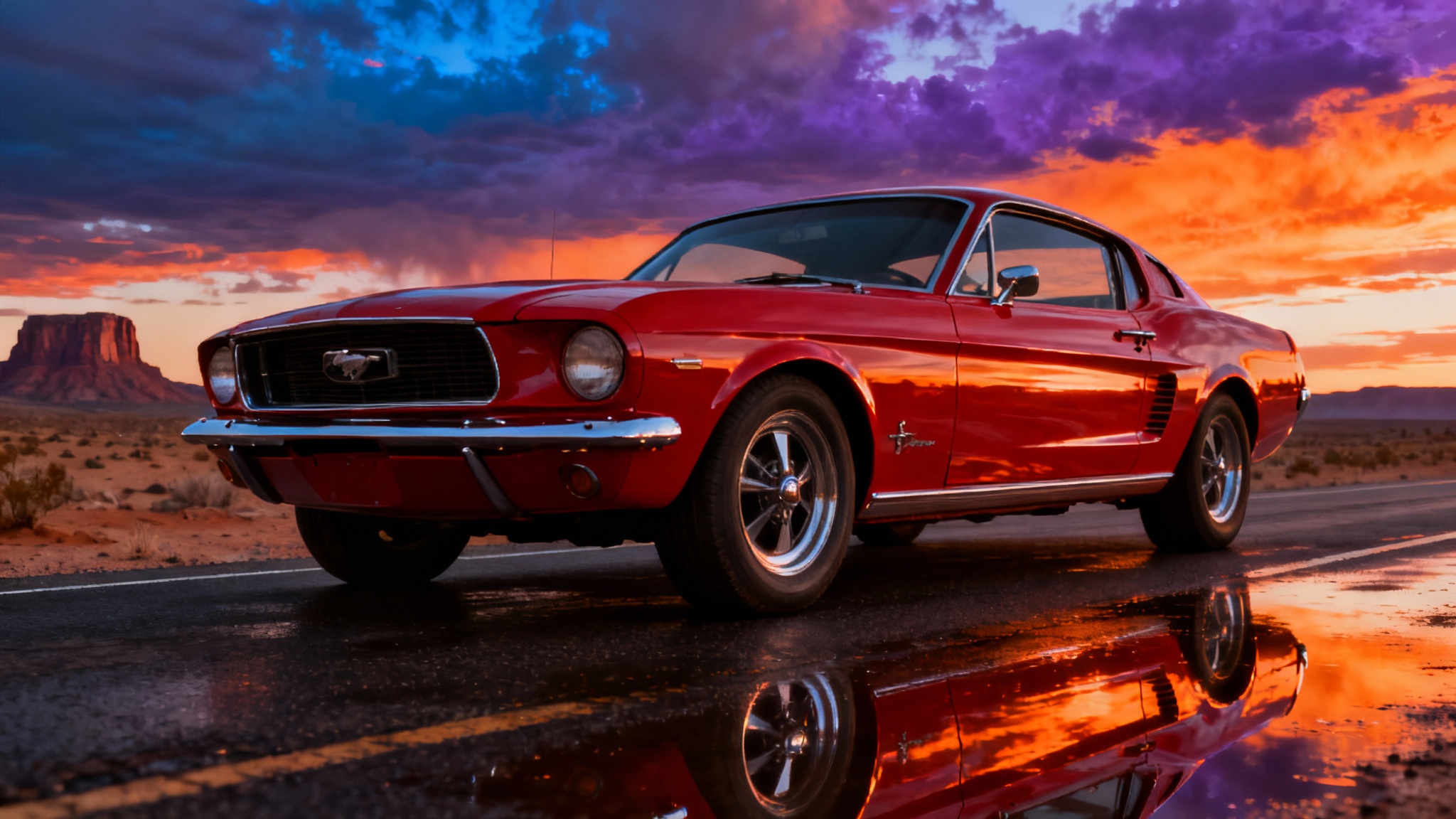 A photorealistic wallpaper of a classic cherry red Ford Mustang parked on a wet desert road at sunset, with dramatic mesas in the background.