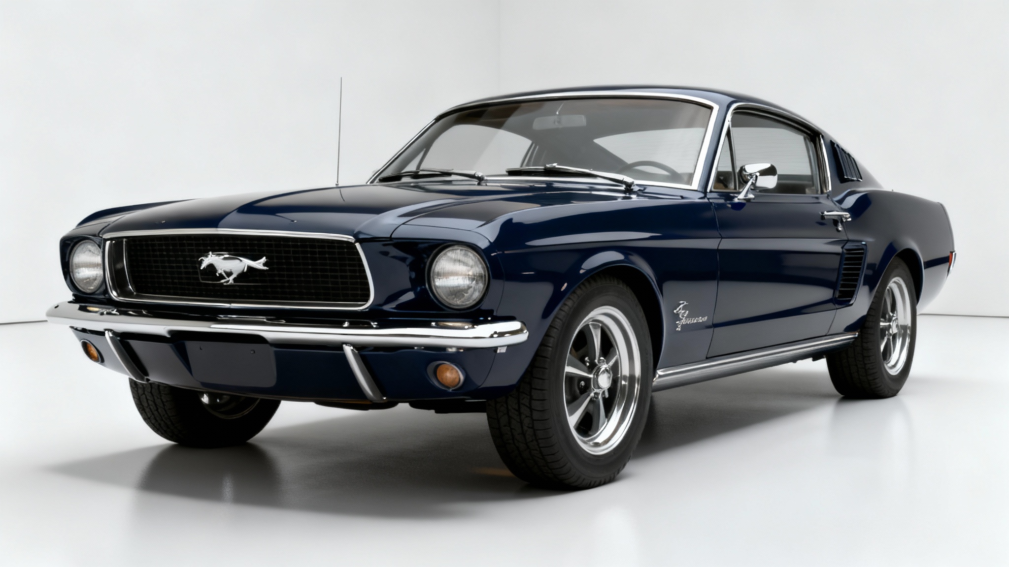 A hyper-realistic image of a classic midnight blue 1967 Ford Mustang Fastback in a white studio, suitable as a high-quality desktop wallpaper.