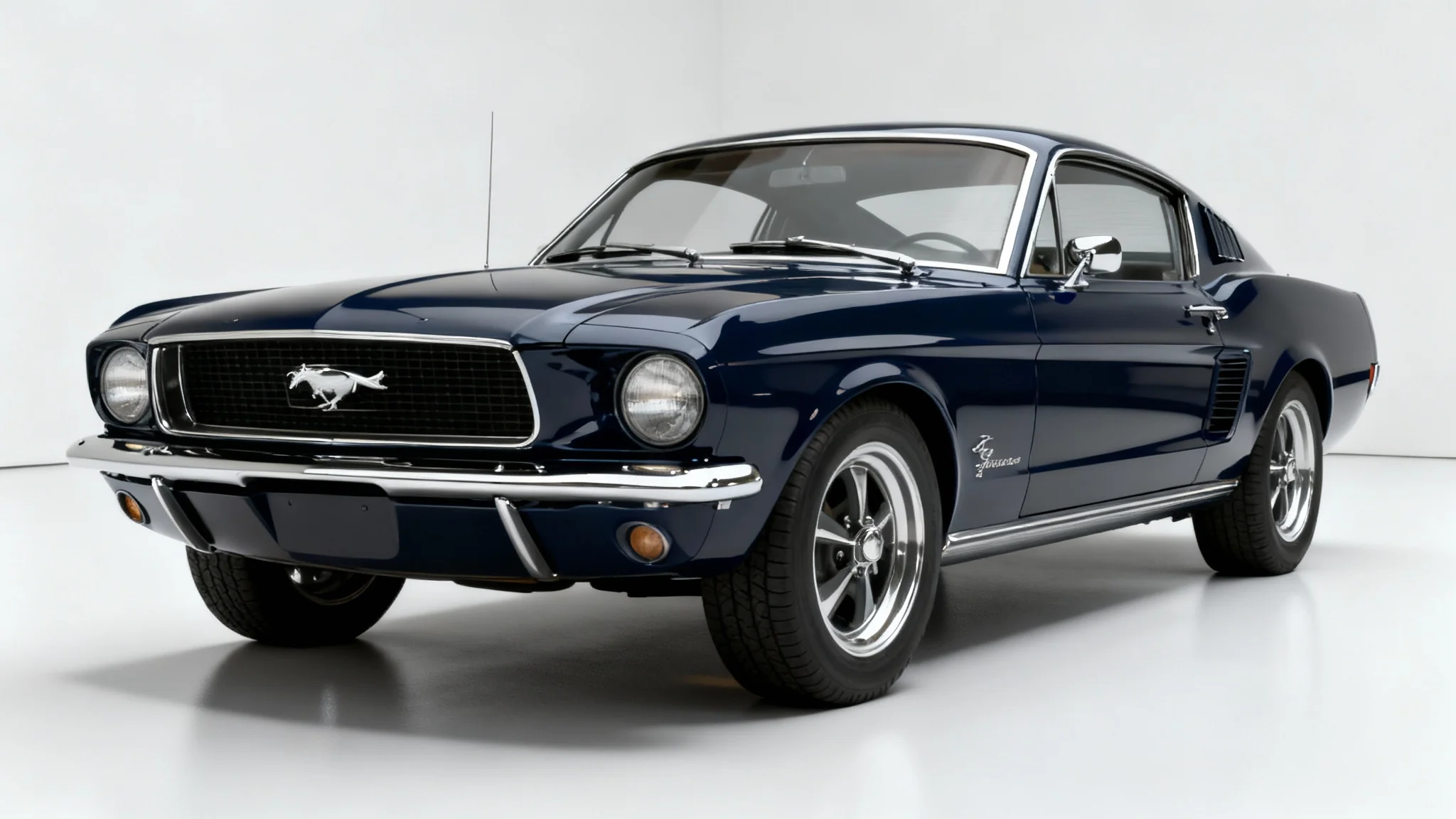 A hyper-realistic image of a classic midnight blue 1967 Ford Mustang Fastback in a white studio, suitable as a high-quality desktop wallpaper.
