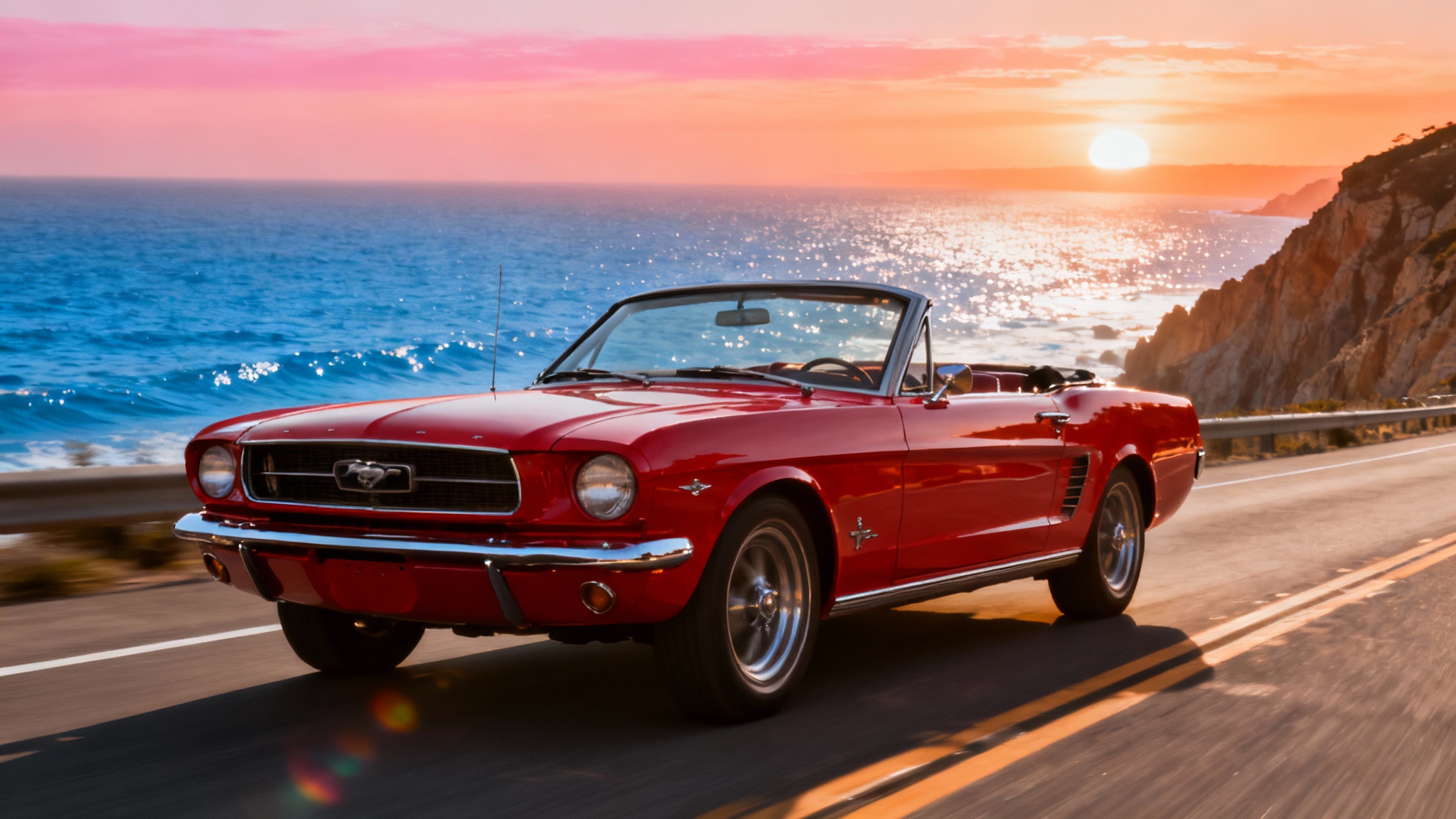 A vibrant, photorealistic image of a classic cherry red Ford Mustang convertible driving down a coastal highway at sunset, presented as a mockup on a white background.
