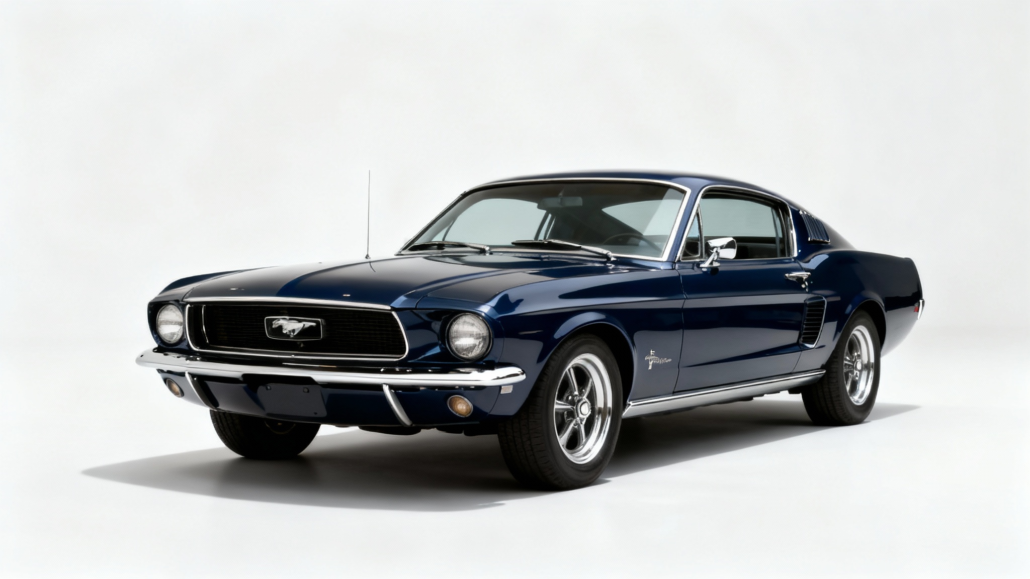 A photorealistic wallpaper of a classic, deep blue 1967 Ford Mustang Fastback shown from a three-quarter angle against a clean white background.