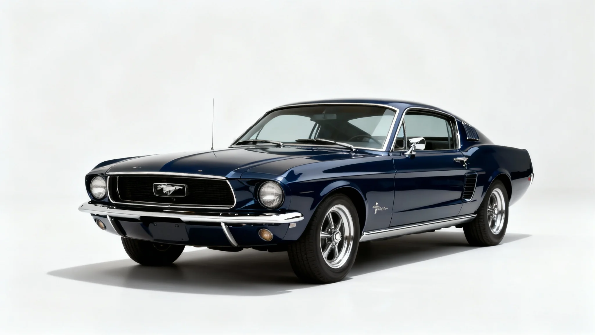 A photorealistic wallpaper of a classic, deep blue 1967 Ford Mustang Fastback shown from a three-quarter angle against a clean white background.